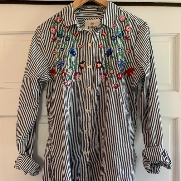 Striped flower embroidered button down - Picture 1 of 7